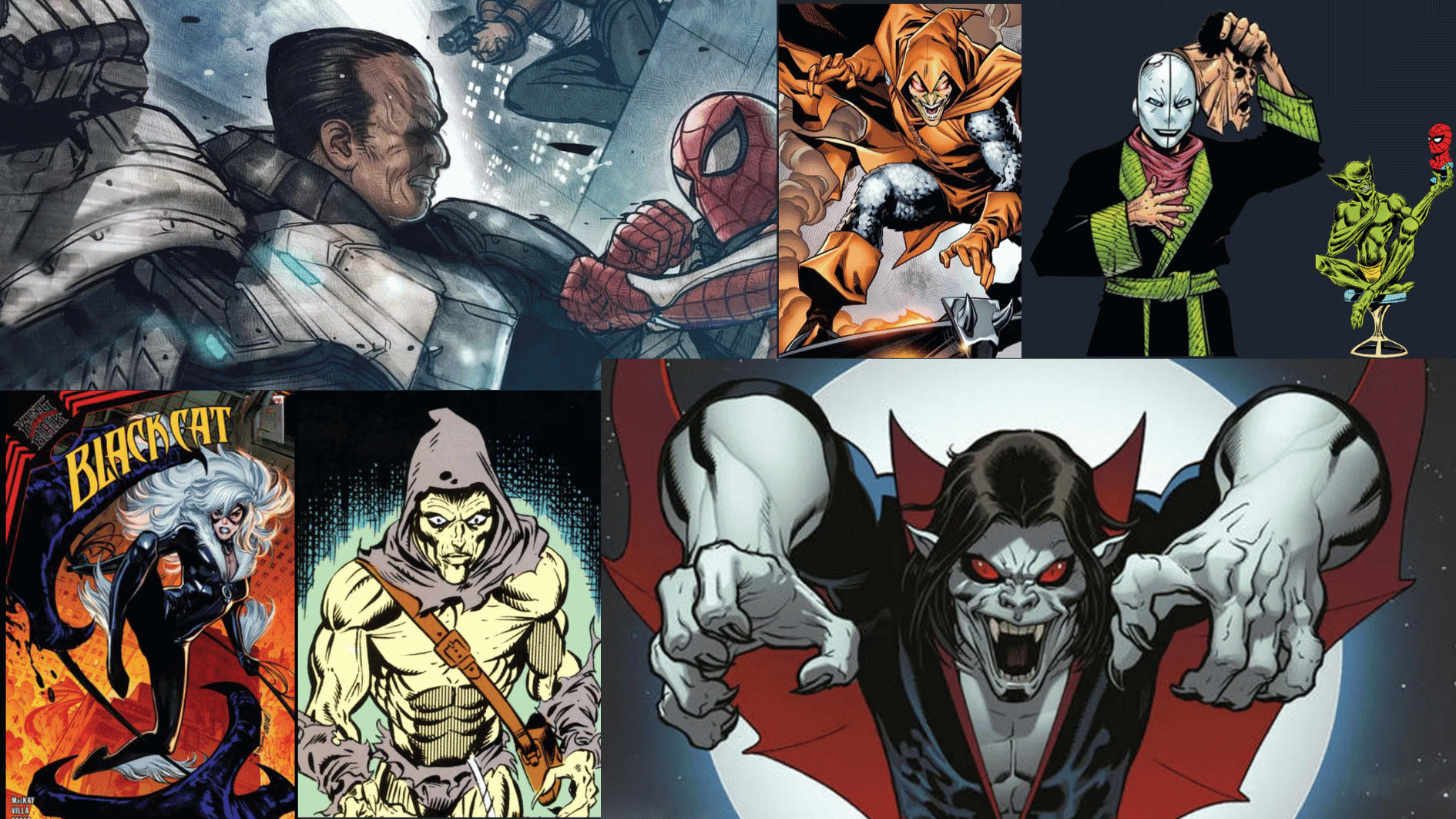 collage of spider-man villains from marvel comics, including Black Cat, Morbius, and hobgoblin.