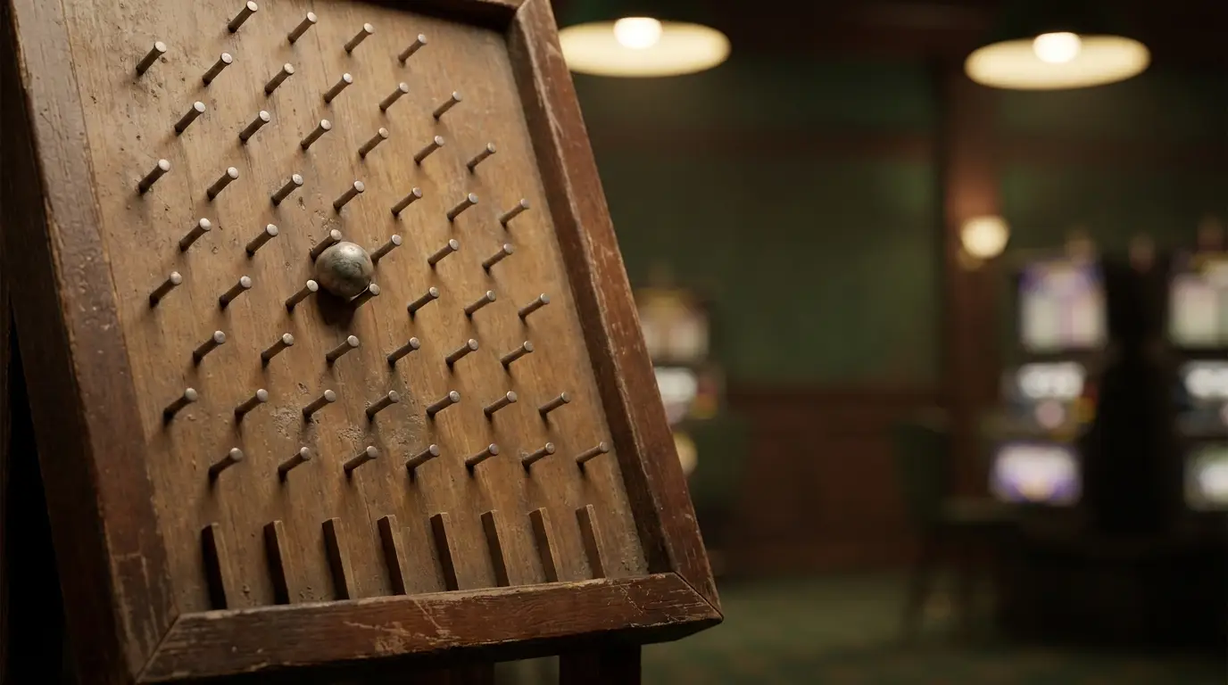Wooden pegboard with ball in pub setting, slot machines blurred in background