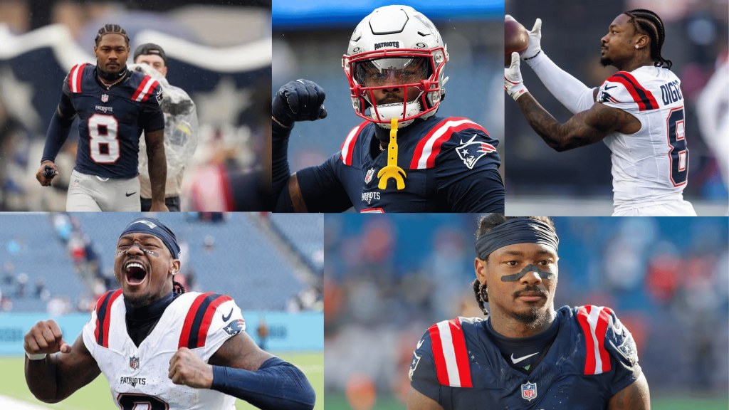 Stefon Diggs in Patriots uniform during NFL games and field moments.