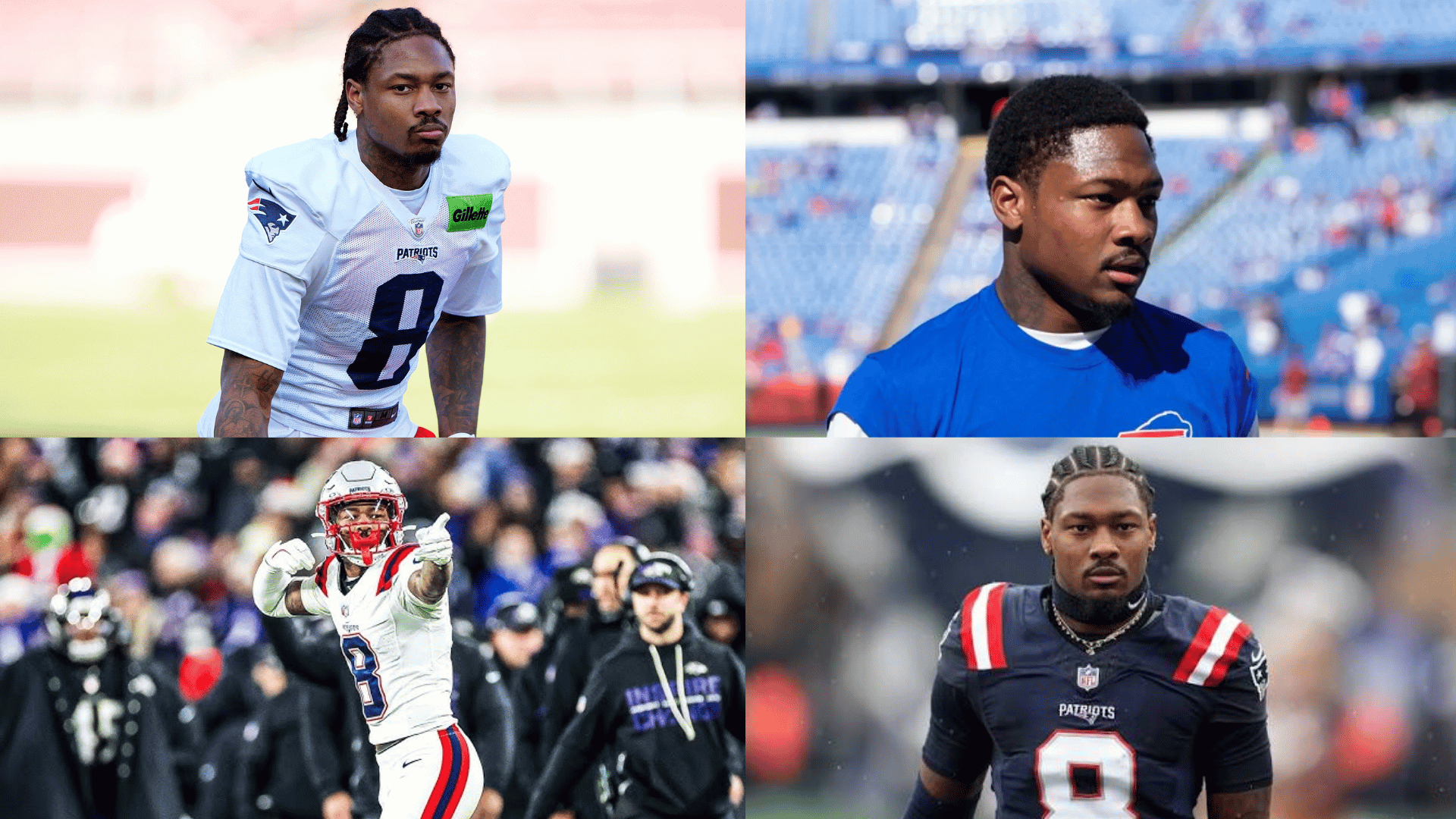 Stefon Diggs wearing Patriots and Bills uniforms in a four-image football career collage