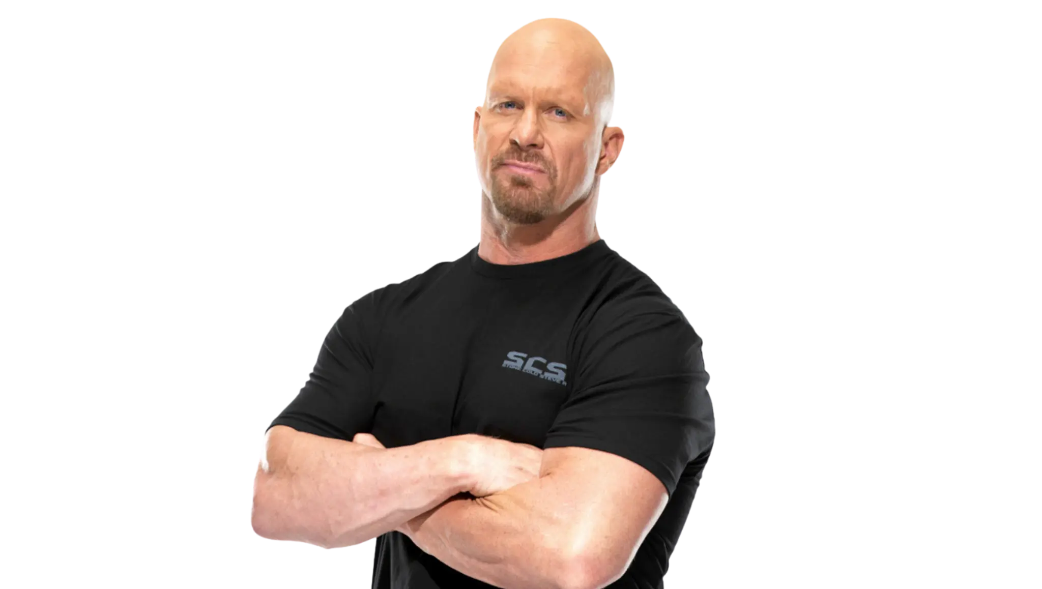 stone cold steve austin standing with folded arms in a black shirt against a plain dark background