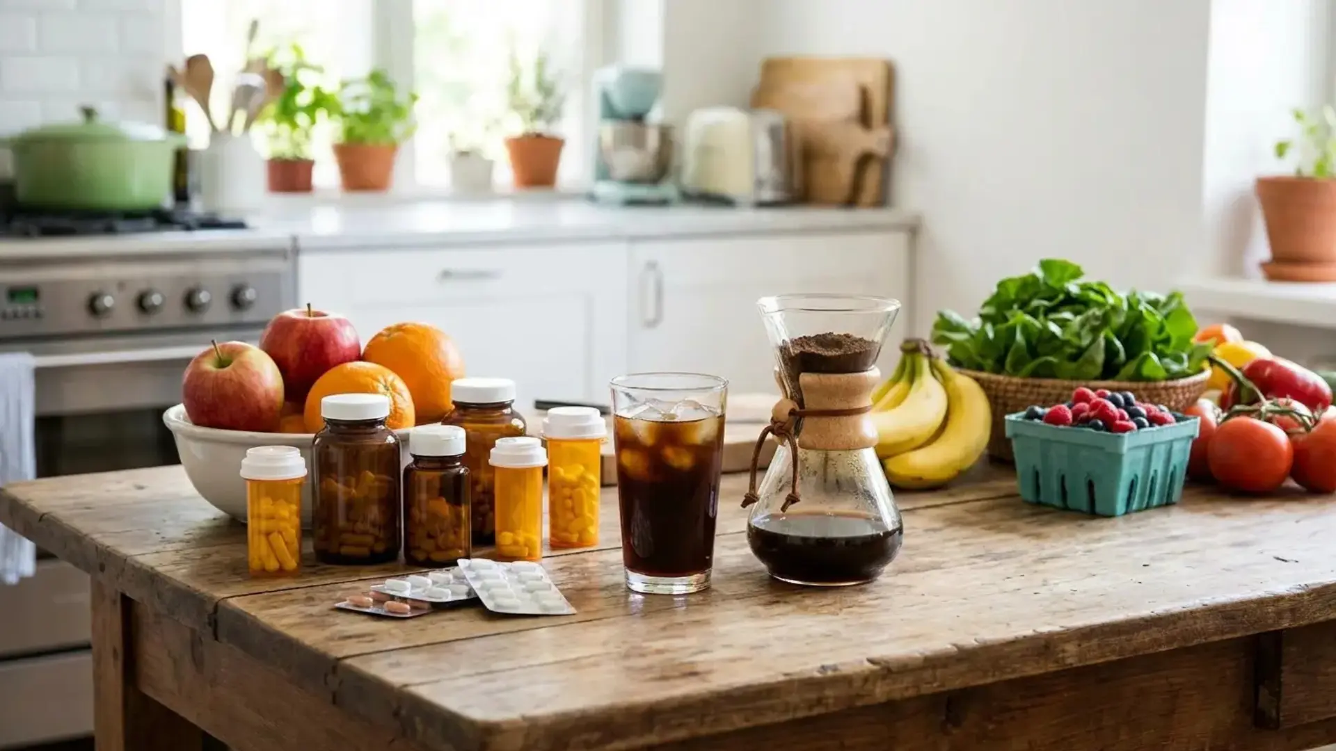 medications coffee fruit and fresh foods arranged on a kitchen table before a nuclear stress test