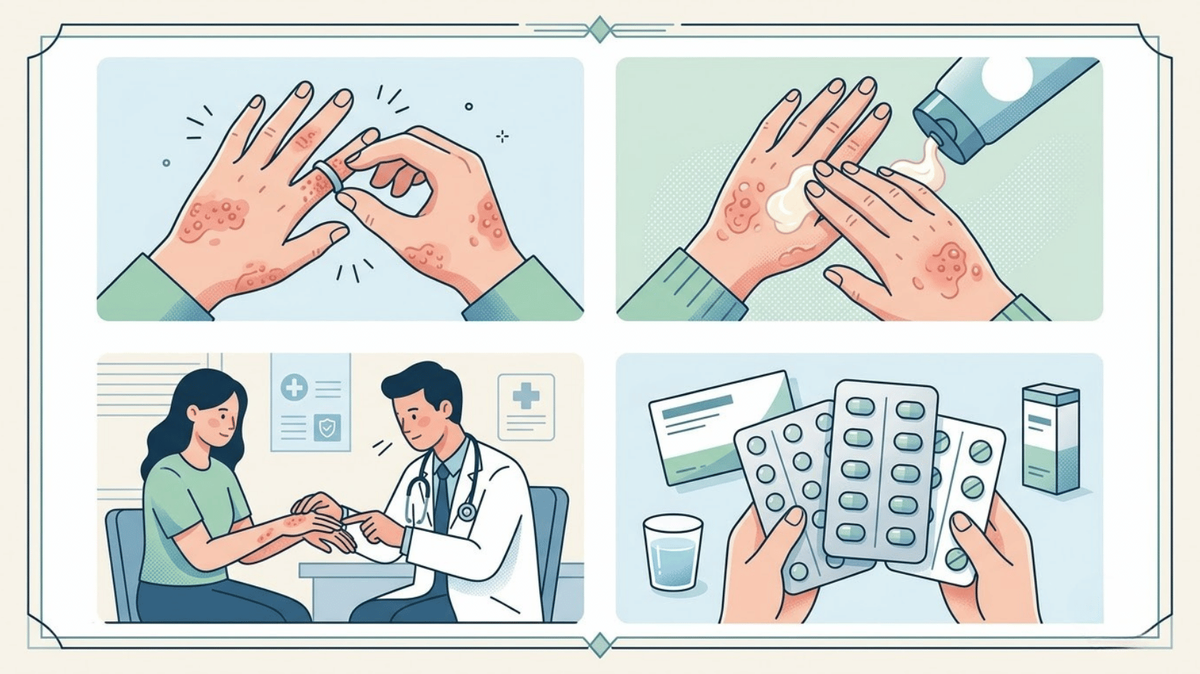 illustration showing hand eczema care with ring removal moisturizer dermatologist treatment and medication