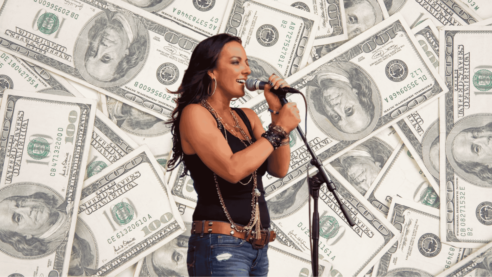 tayla lynn singing on stage with a background of dollar bills representing estimated net worth and earnings