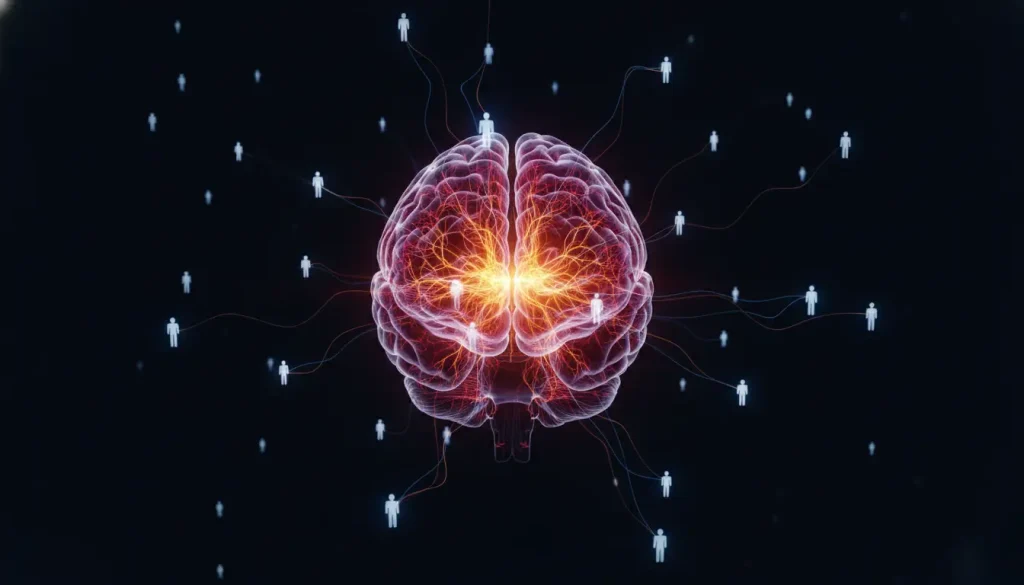Digital illustration of a glowing human brain connected to small figures on dark background