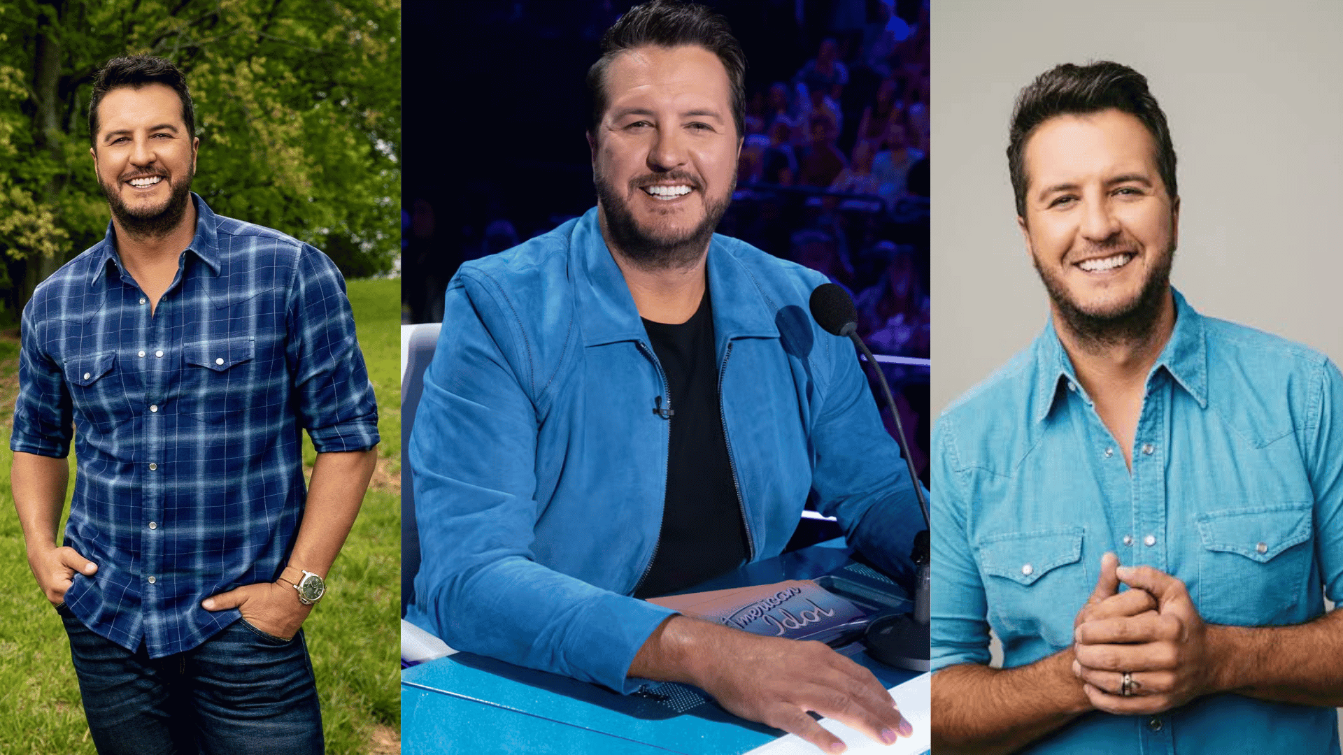 three smiling men in blue shirts shown outdoors, on a TV set, and against a plain backdrop