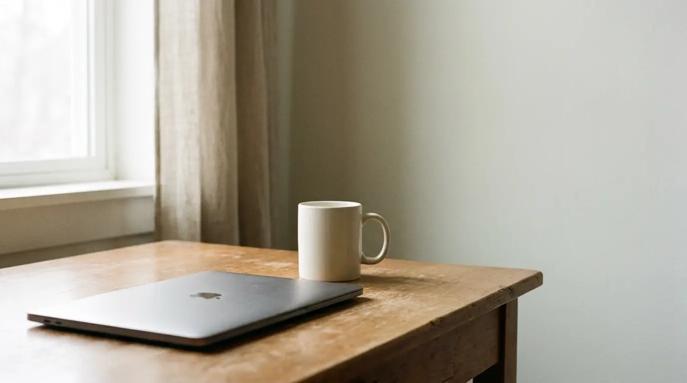 Laptop and white mug on wooden desk beside a window with beige curtains