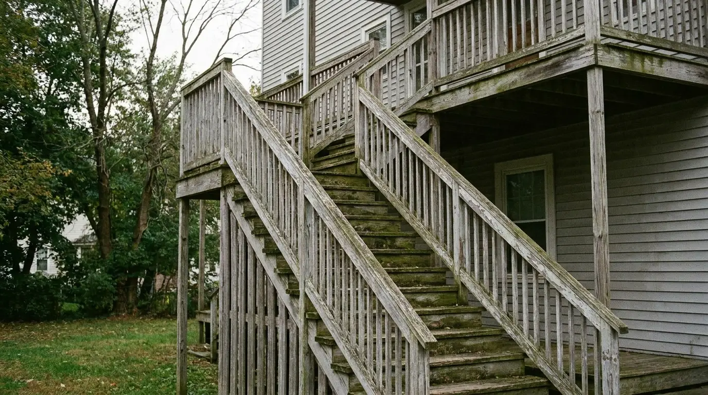 Weathered wooden staircase on the exterior of a house surrounded by greenery