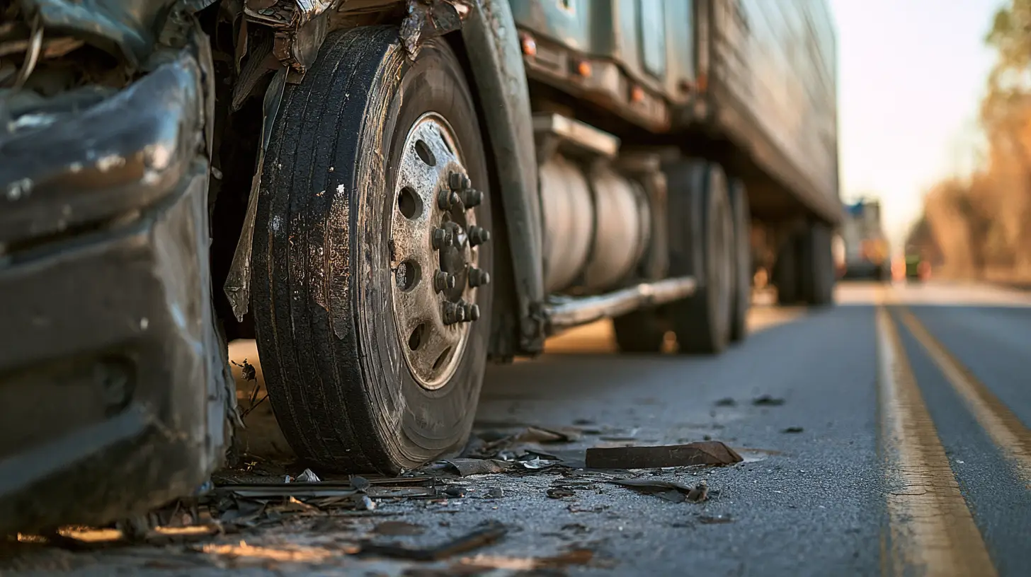 Damaged semi-truck on roadside with debris, close-up of front wheel in warm daylight