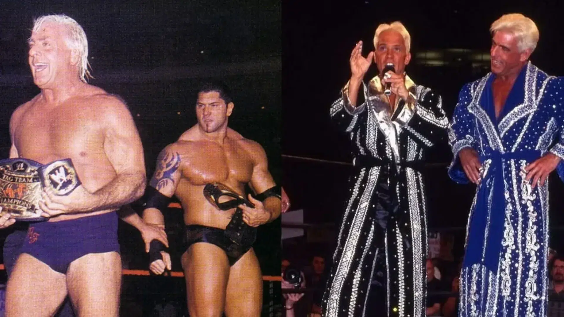 two blond professional wrestlers posing together with championship belts and wrestling robes in the ring