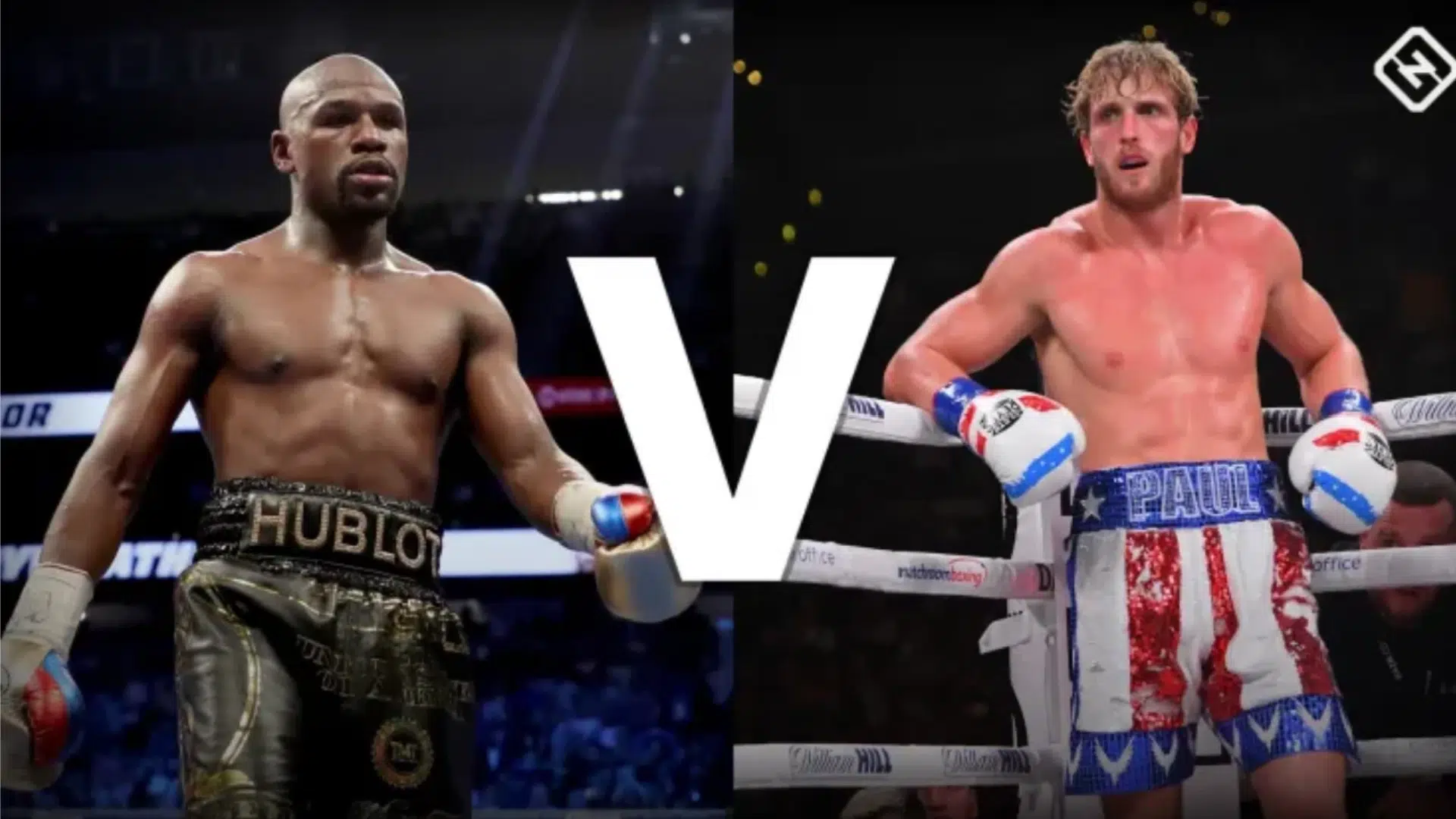 two male boxers facing off in a split screen image inside boxing rings before a high profile exhibition fight