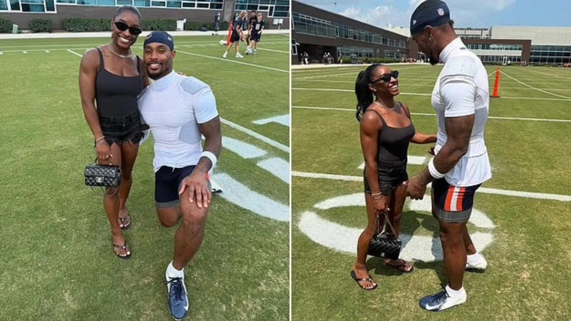 two people posing together on a football field outside a large sports facility in sunny weather