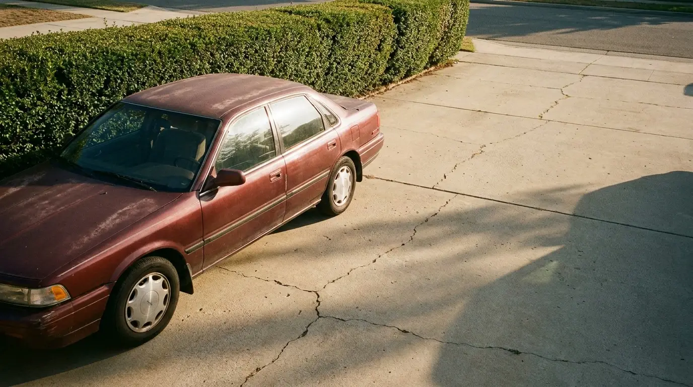Maroon sedan parked on cracked concrete driveway beside trimmed bushes in sunlight