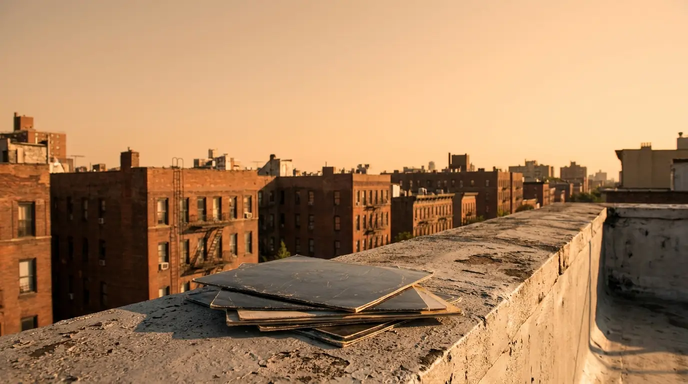 Stack of tiles on a rooftop ledge overlooking urban brick buildings at sunset