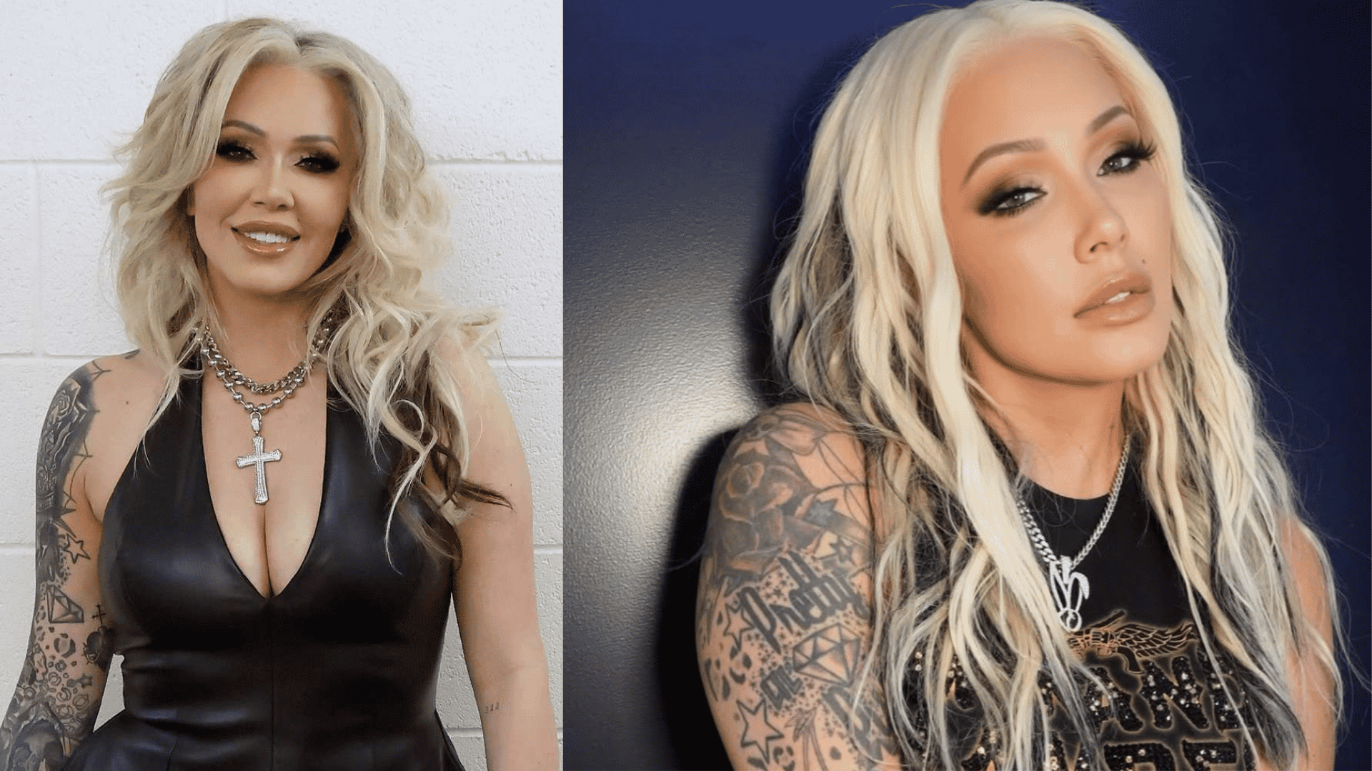 blonde woman in black outfit shown in two side-by-side portrait photos with arm tattoos