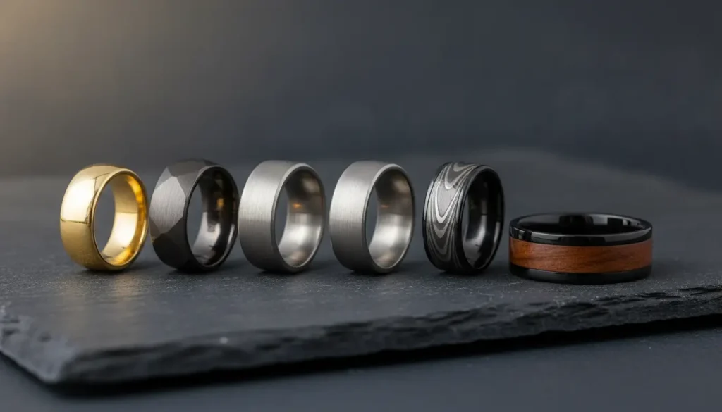 Assorted men's wedding bands in various metals and finishes on slate surface