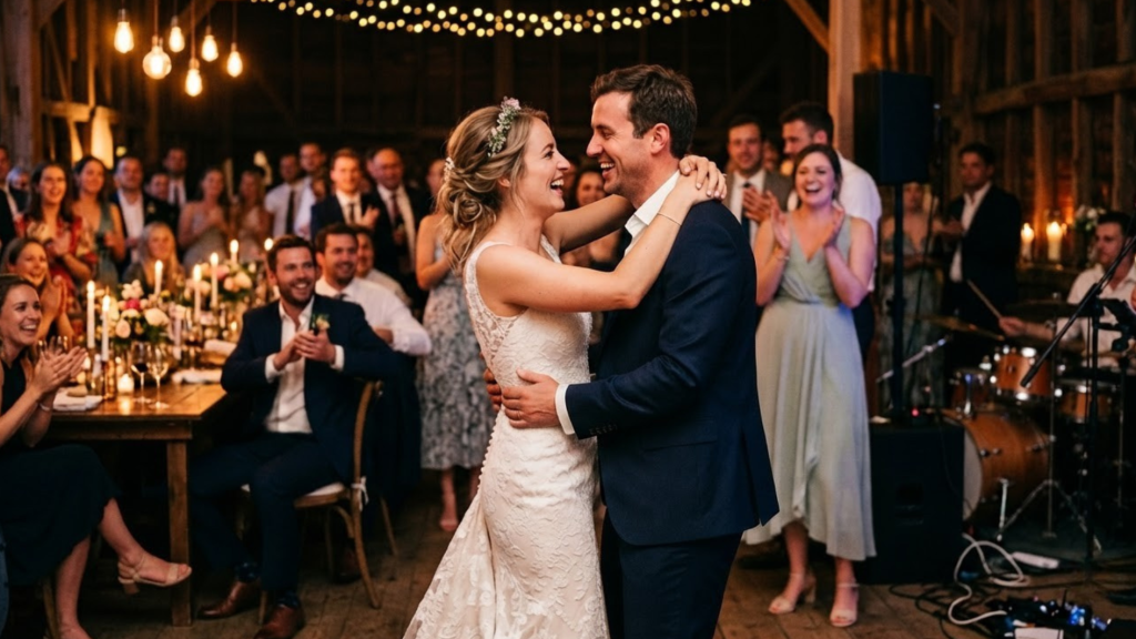 bride and groom dancing together as wedding guests cheer