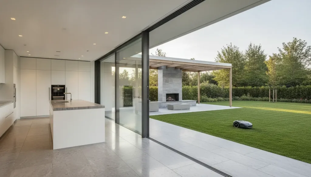 Modern kitchen with island and sliding glass doors opening to landscaped yard with patio and fireplace