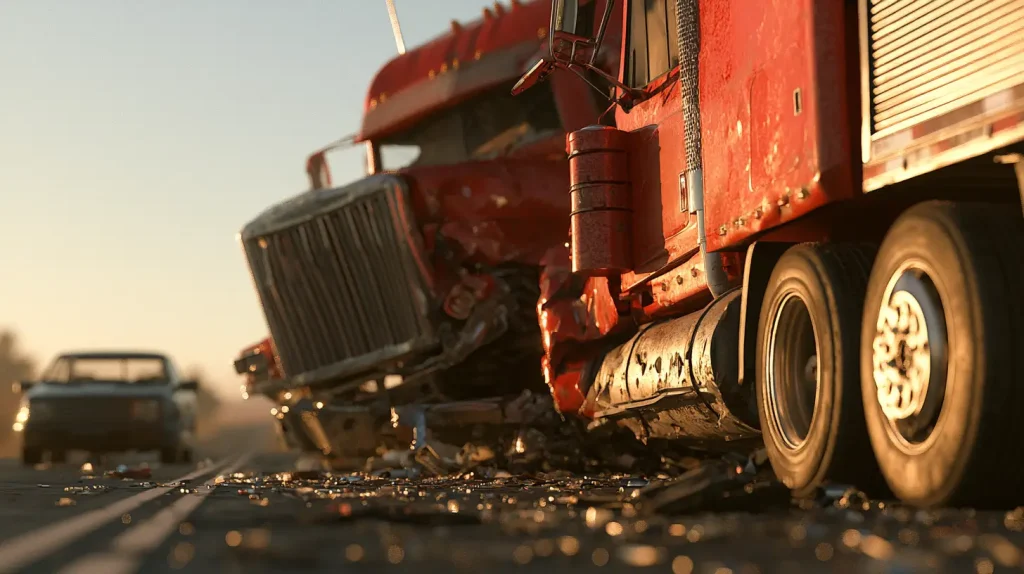 Damaged red semi-truck on highway with car in background under warm sunlight