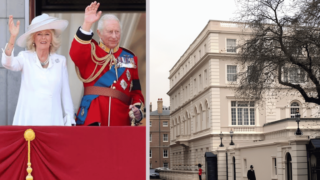 King Charles and Queen Camilla beside Clarence House, their main London residence