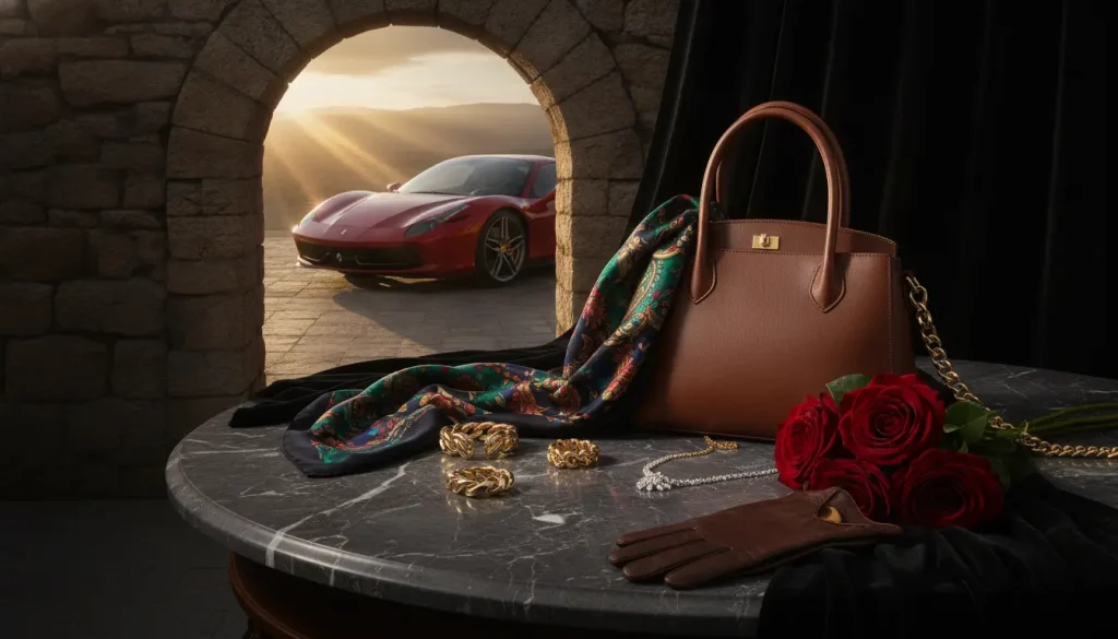 Brown handbag with gold chain on marble table beside red roses and leather gloves