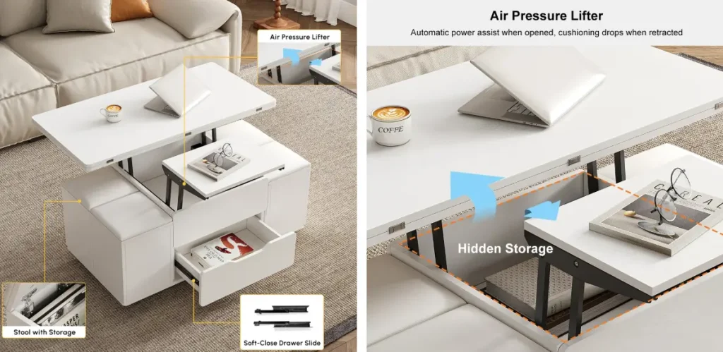 White multifunctional coffee table with lift-top and hidden storage in modern living room setting