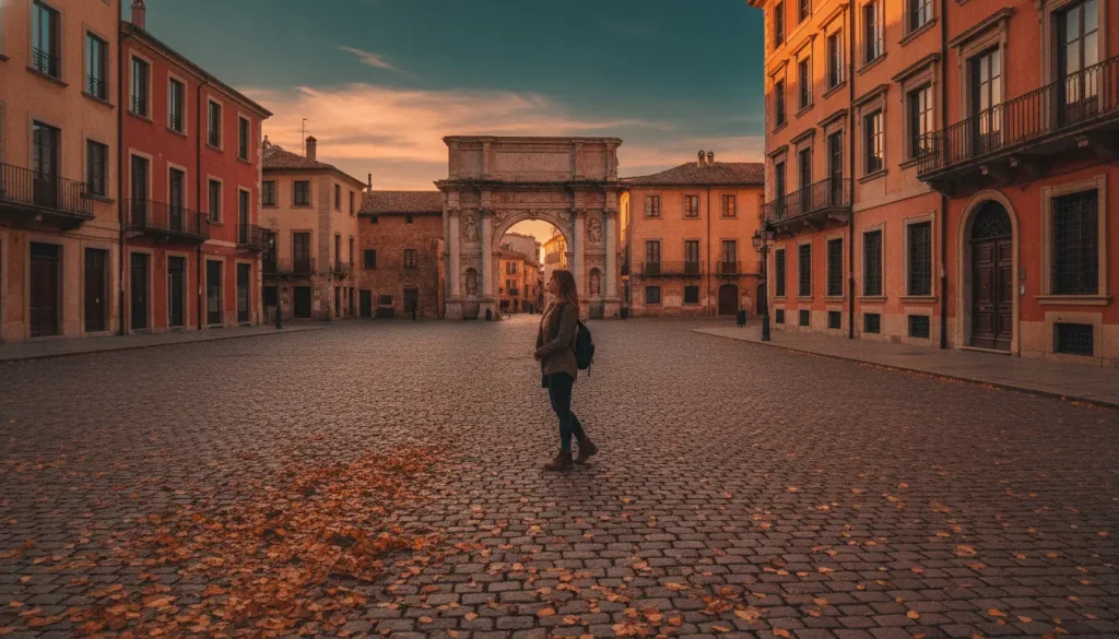 Person standing on cobblestone street with archway and colorful buildings at sunset