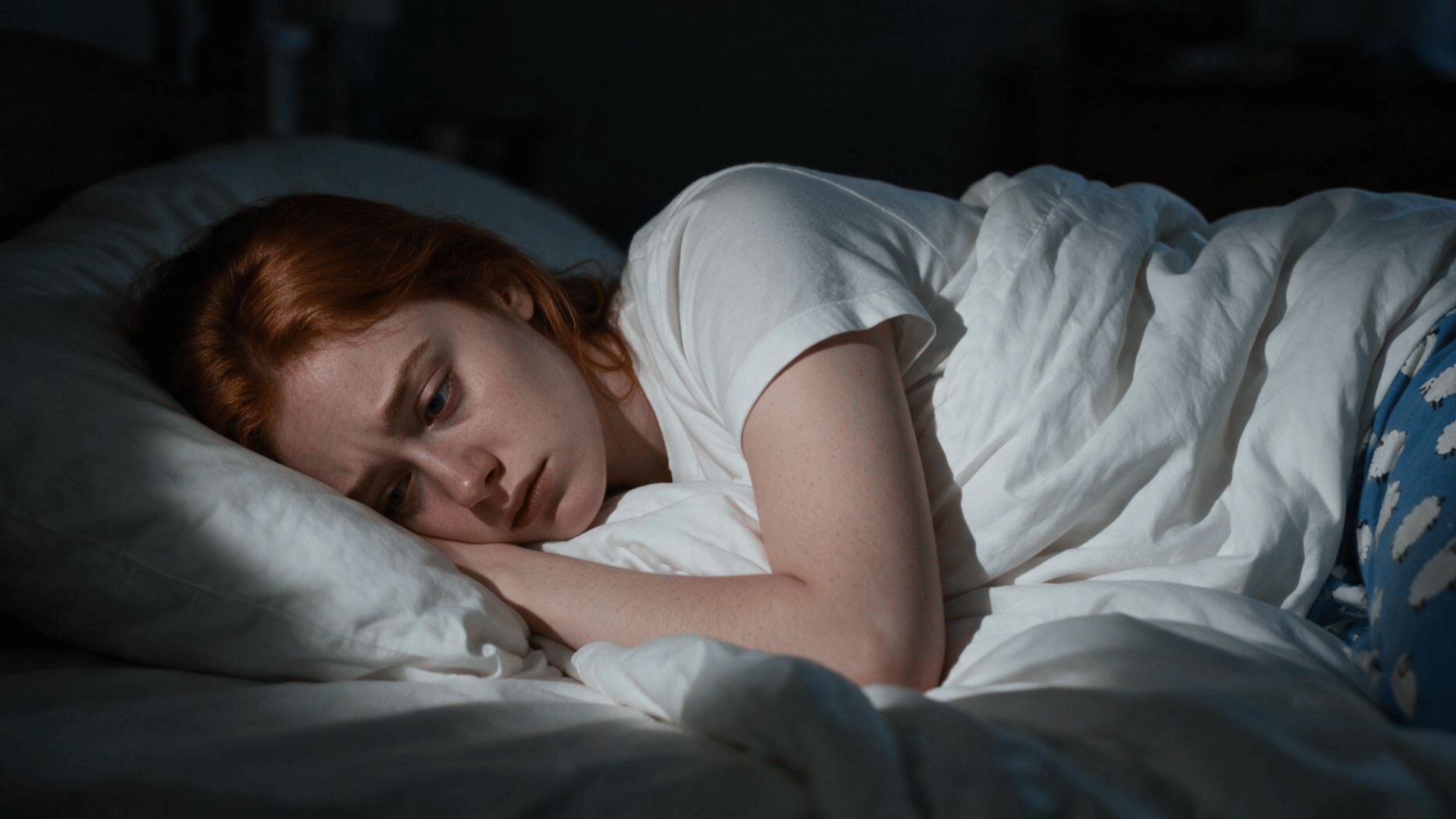 a red-haired woman lying awake in bed at night with a worried expression, looking into the dark
