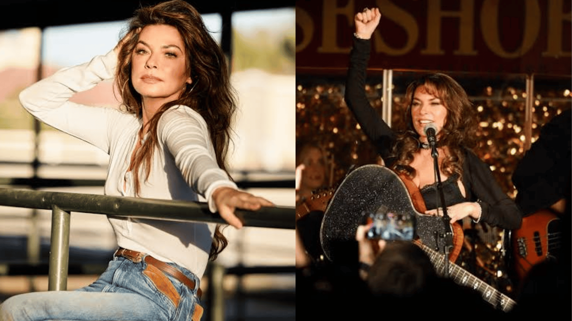 woman posing outdoors in a white top beside a photo of her singing on stage with a guitar and microphone