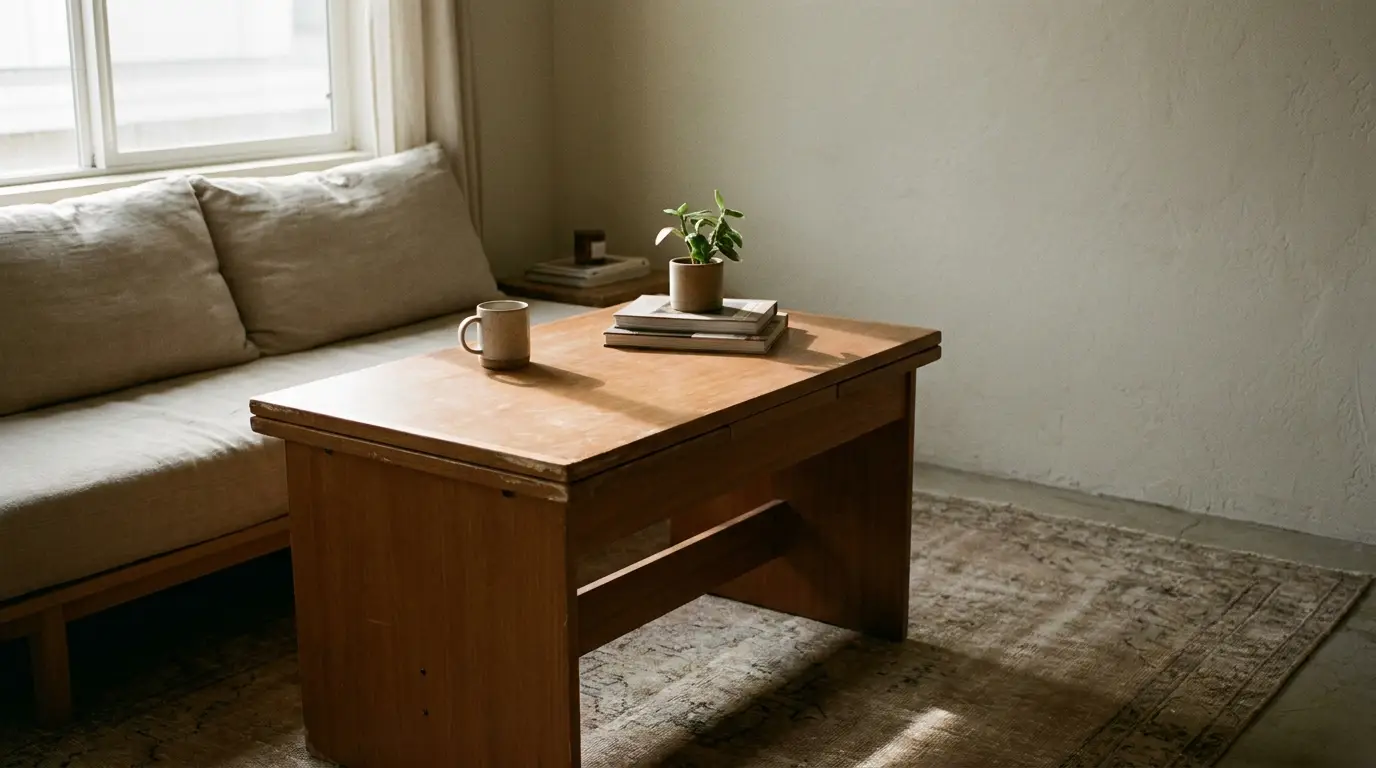 Cozy living room with wooden coffee table, potted plant, and cream sofa under natural light