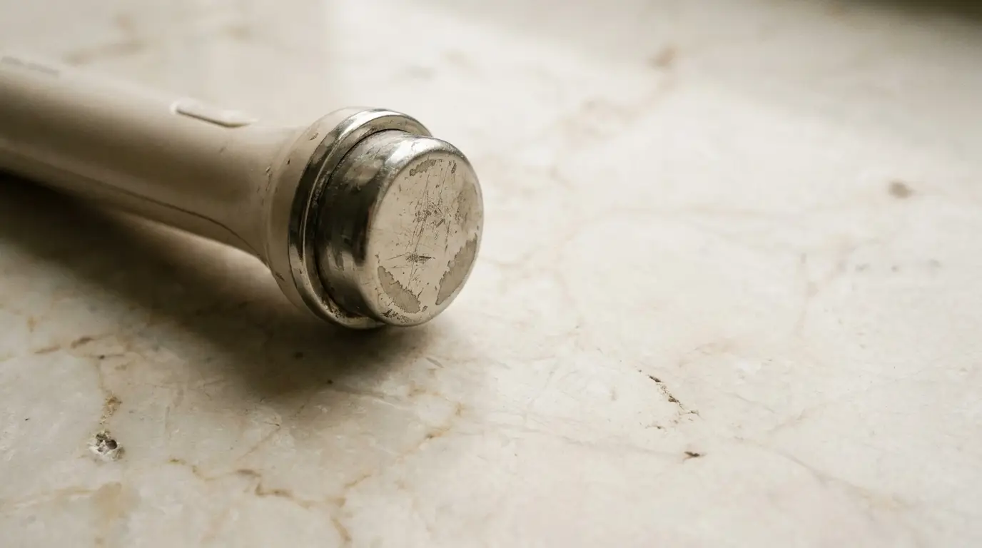 Electric toothbrush resting on marble countertop in muted lighting atmosphere