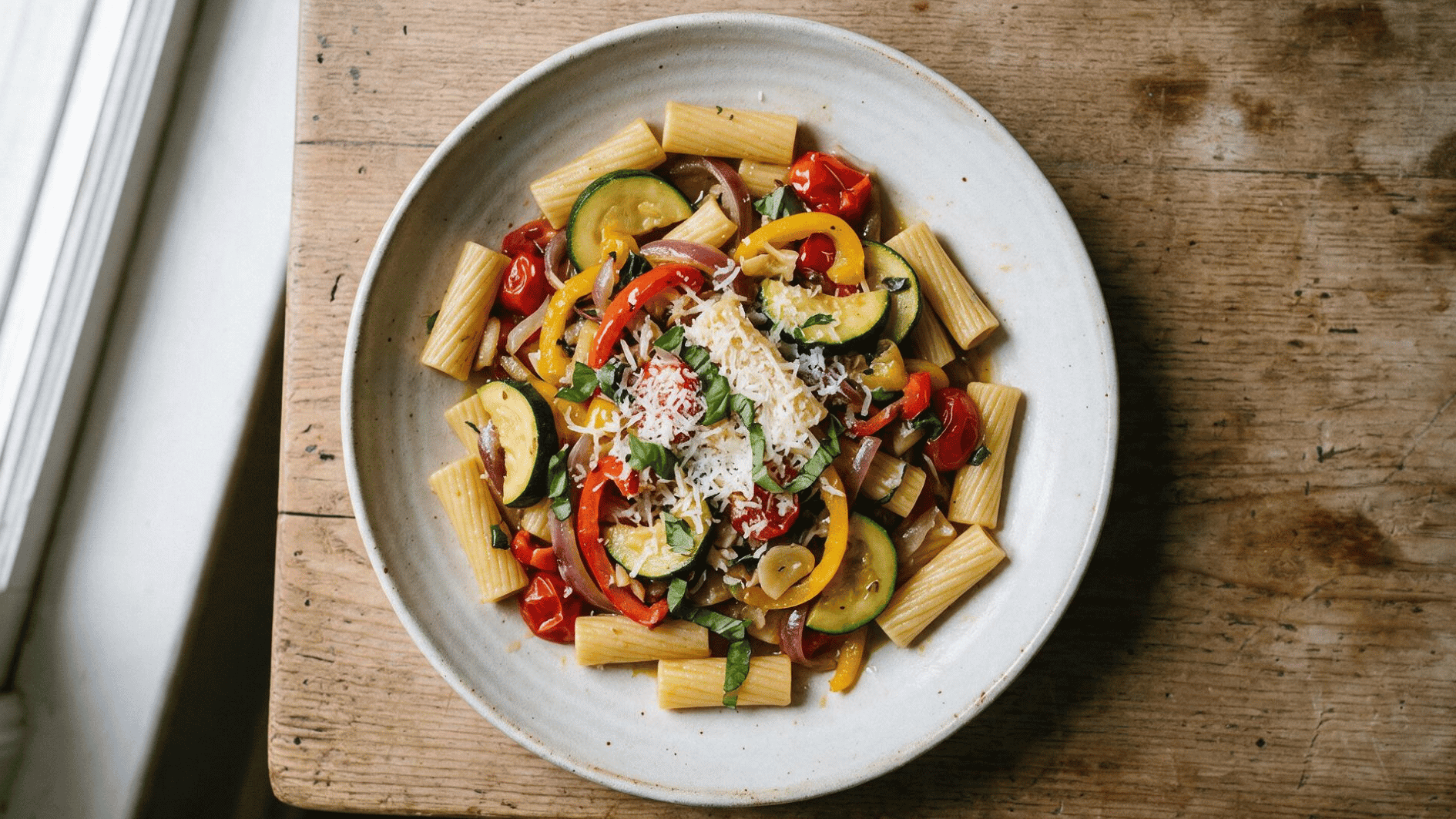 pasta with zucchini peppers tomatoes onions basil and grated cheese