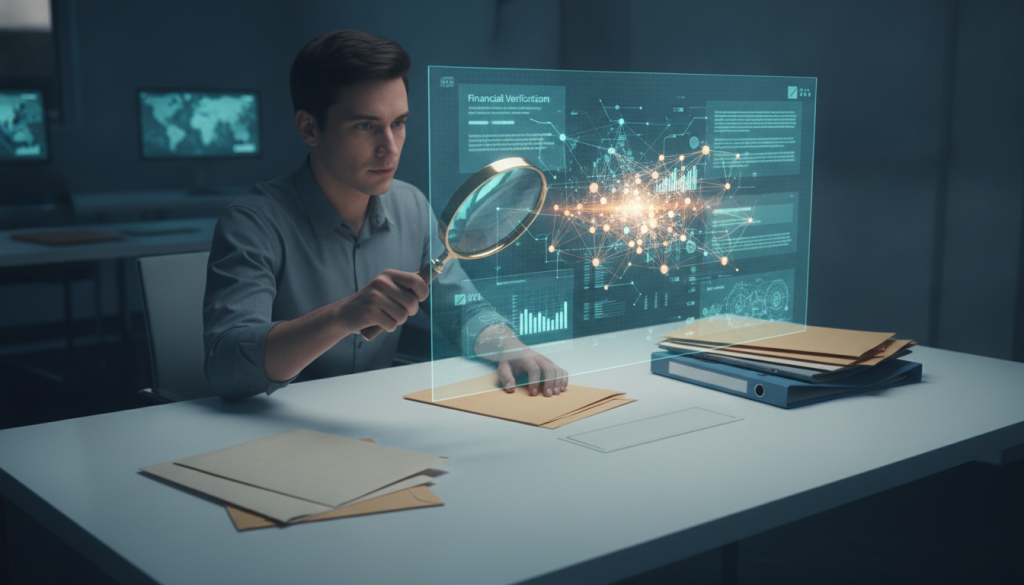 Man examining digital data projections with magnifying glass in dimly lit office setting