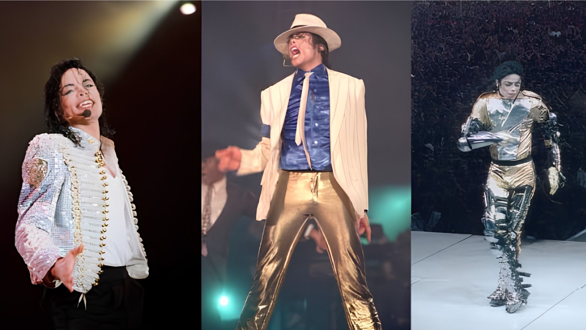 The image shows a three-panel collage of Michael Jackson performing on stage, highlighting different eras of his iconic performance style, costumes, and dance moves.