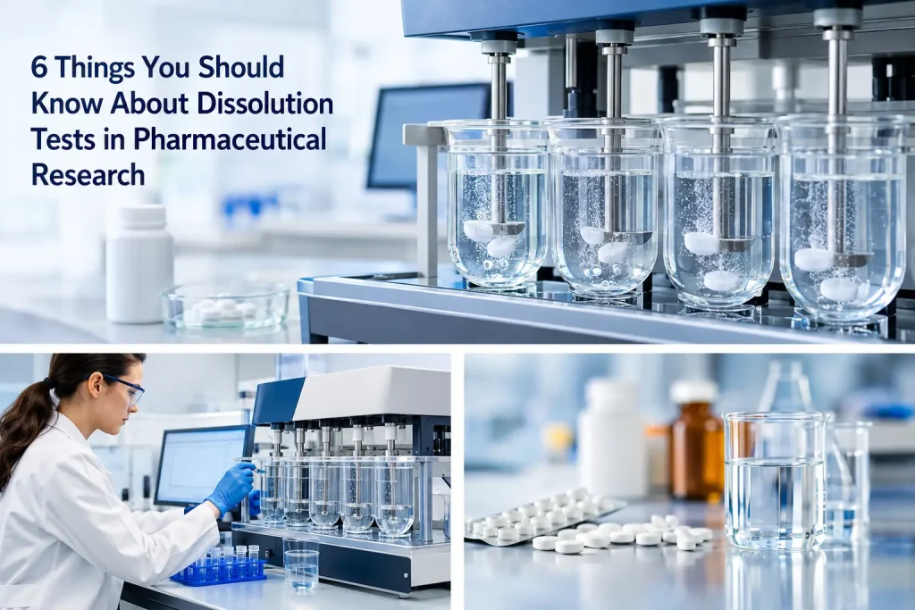 Dissolution testing equipment with tablets and pharmacist working in a laboratory setting