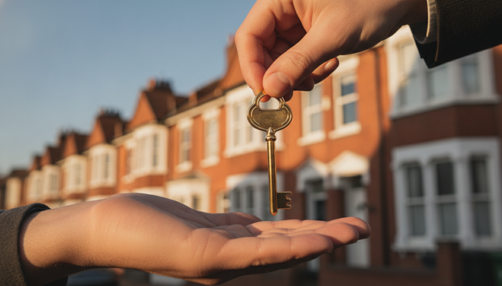 Hand passing a brass key over open palm in front of brick houses