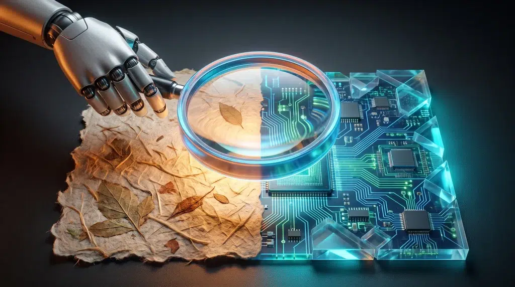 Robotic hand examining leaf with magnifying glass on split natural and circuit board surface