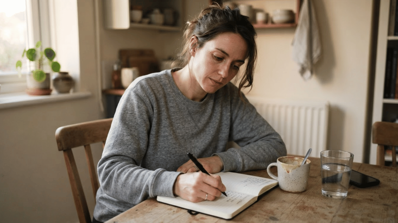 woman writing in a journal at a wooden table with coffee water and a phone during a quiet morning
