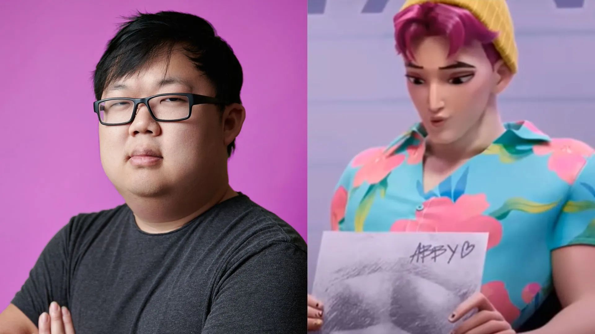 SungWon Cho and Abby Saja from KPop Demon Hunters appear together in a split image featuring the voice actor and animated character.