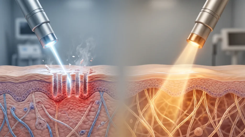 Side-by-side comparison of laser treatments on skin, left with blue light, right with orange light