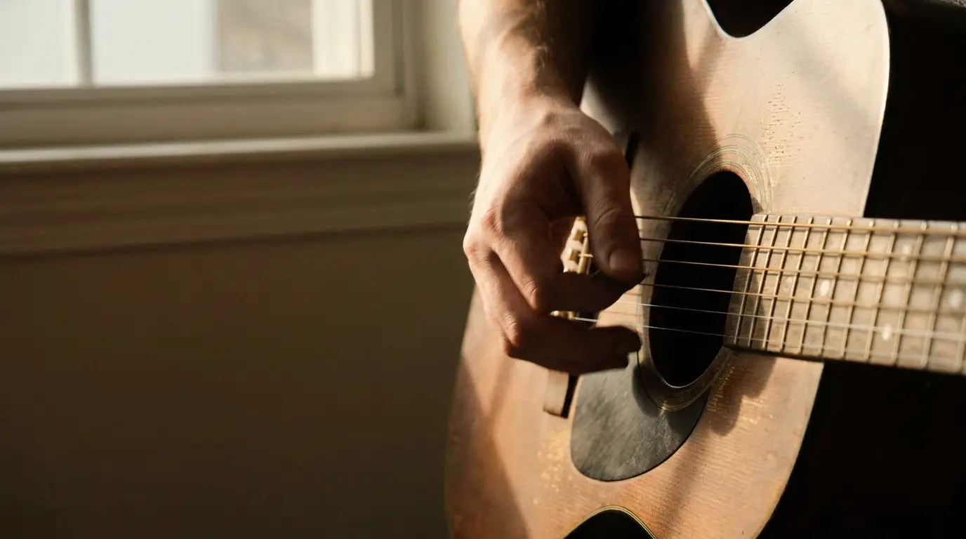 Close-up of hand strumming acoustic guitar near sunlit window
