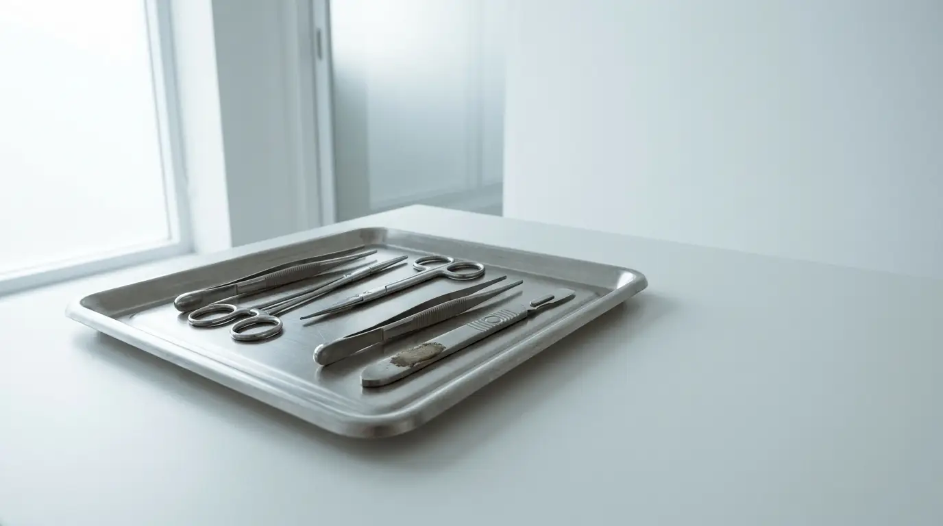 Surgical instruments arranged on a stainless steel tray in a clinical setting