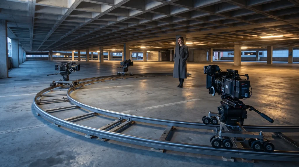 Film crew equipment on a curved track in a dimly lit parking garage
