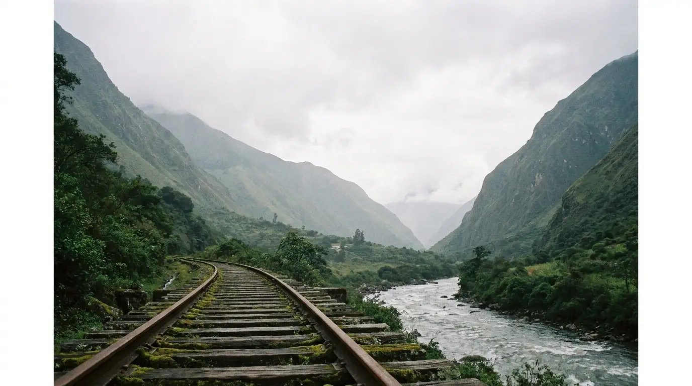 Train tracks curving through lush green mountains beside a flowing river under cloudy skies