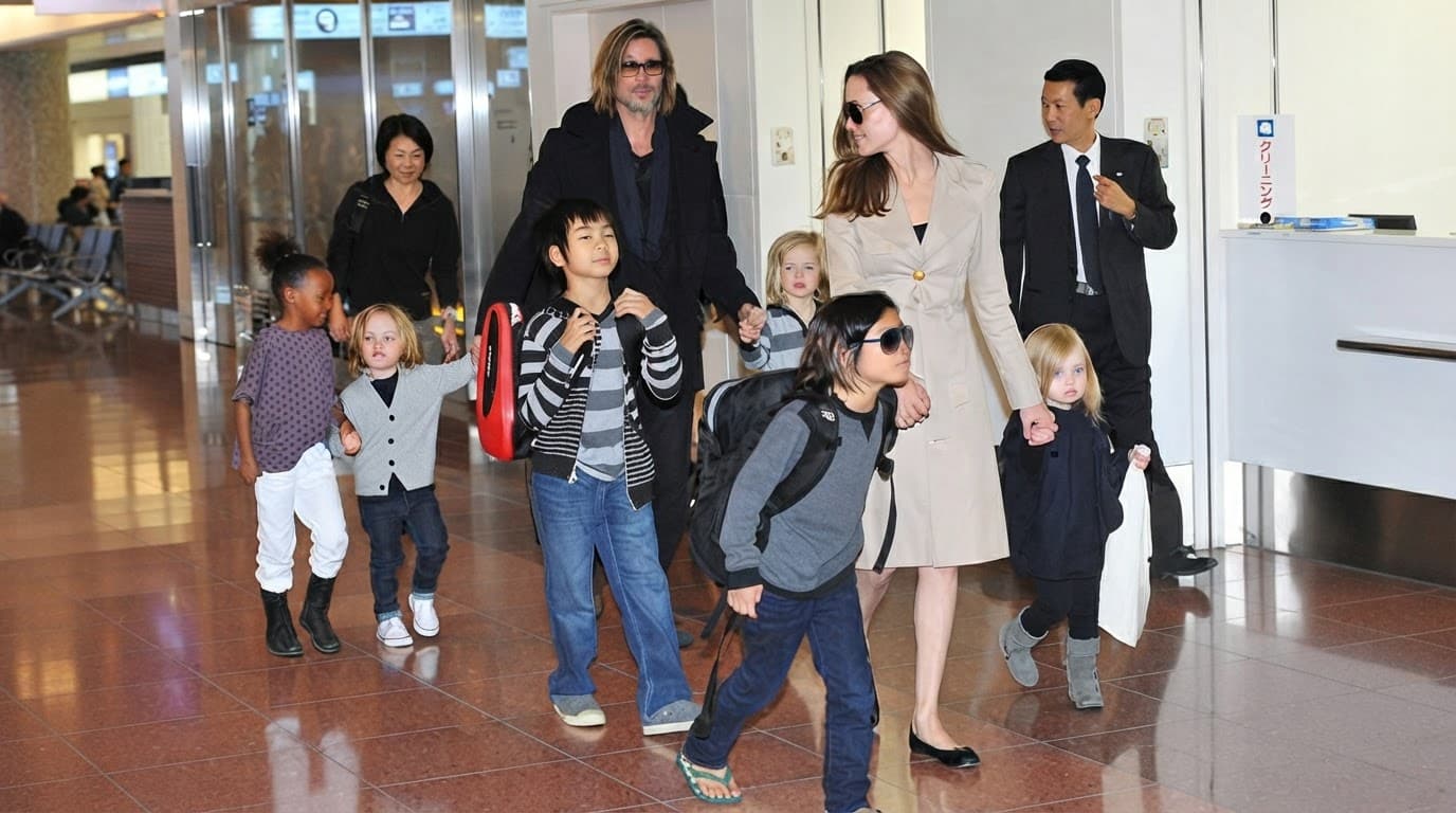 angelina jolie and brad pitt with their children during a public airport appearance