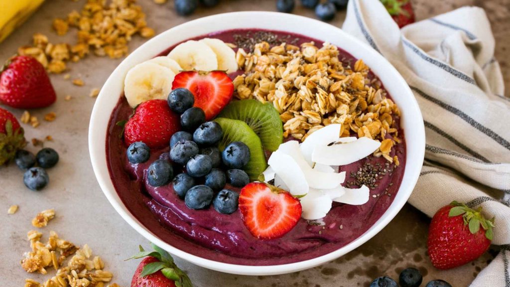 Acai bowl topped with strawberries, blueberries, kiwi, banana slices, coconut flakes, chia seeds, and granola on a rustic table.