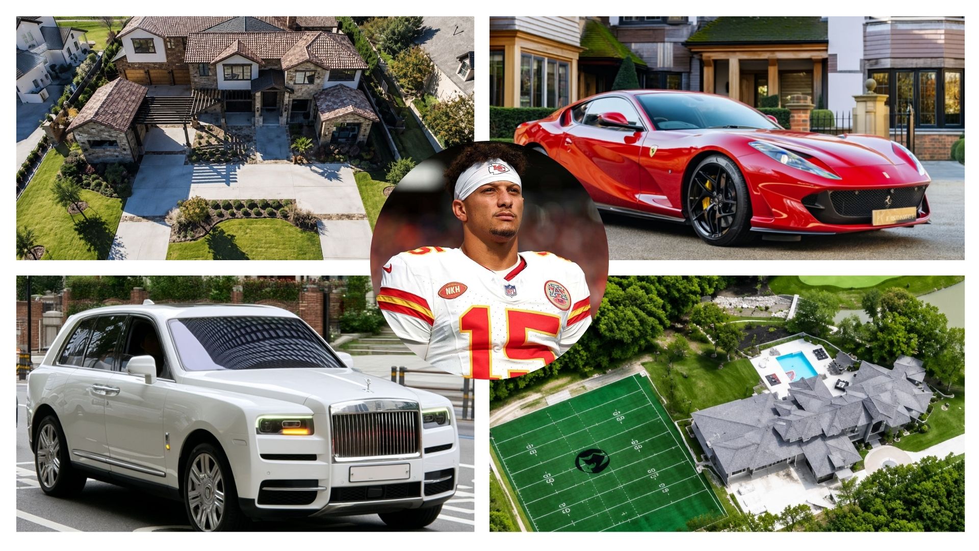 Collage of Patrick Mahomes' Kansas City area mansion and luxury car collection, including a Rolls-Royce Cullinan and a Ferrari 812 Superfast