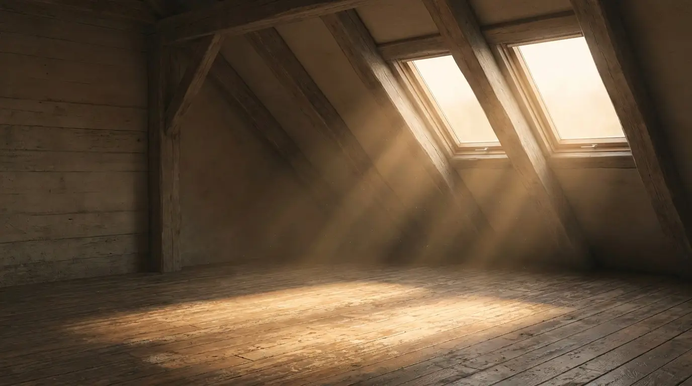 Sunlight streaming through attic windows illuminating wooden floor and beams