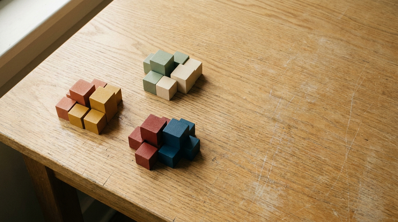 Wooden geometric puzzle pieces scattered on light wooden table surface in natural light