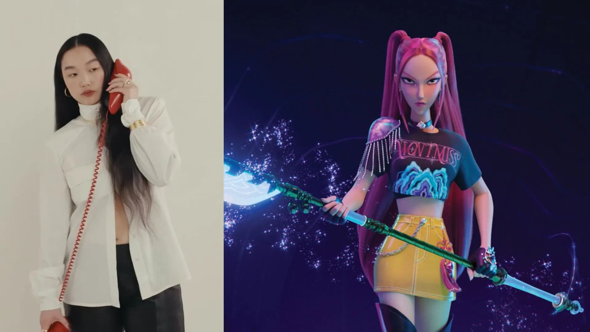 Audrey Nuna, the singing voice behind Mira in KPop Demon Hunters, shown beside the animated character Mira holding a weapon.